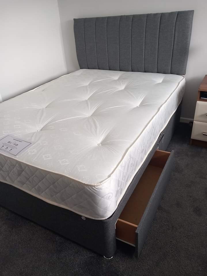 Divan beds available with mattress and with 2 drawers in dark grey color